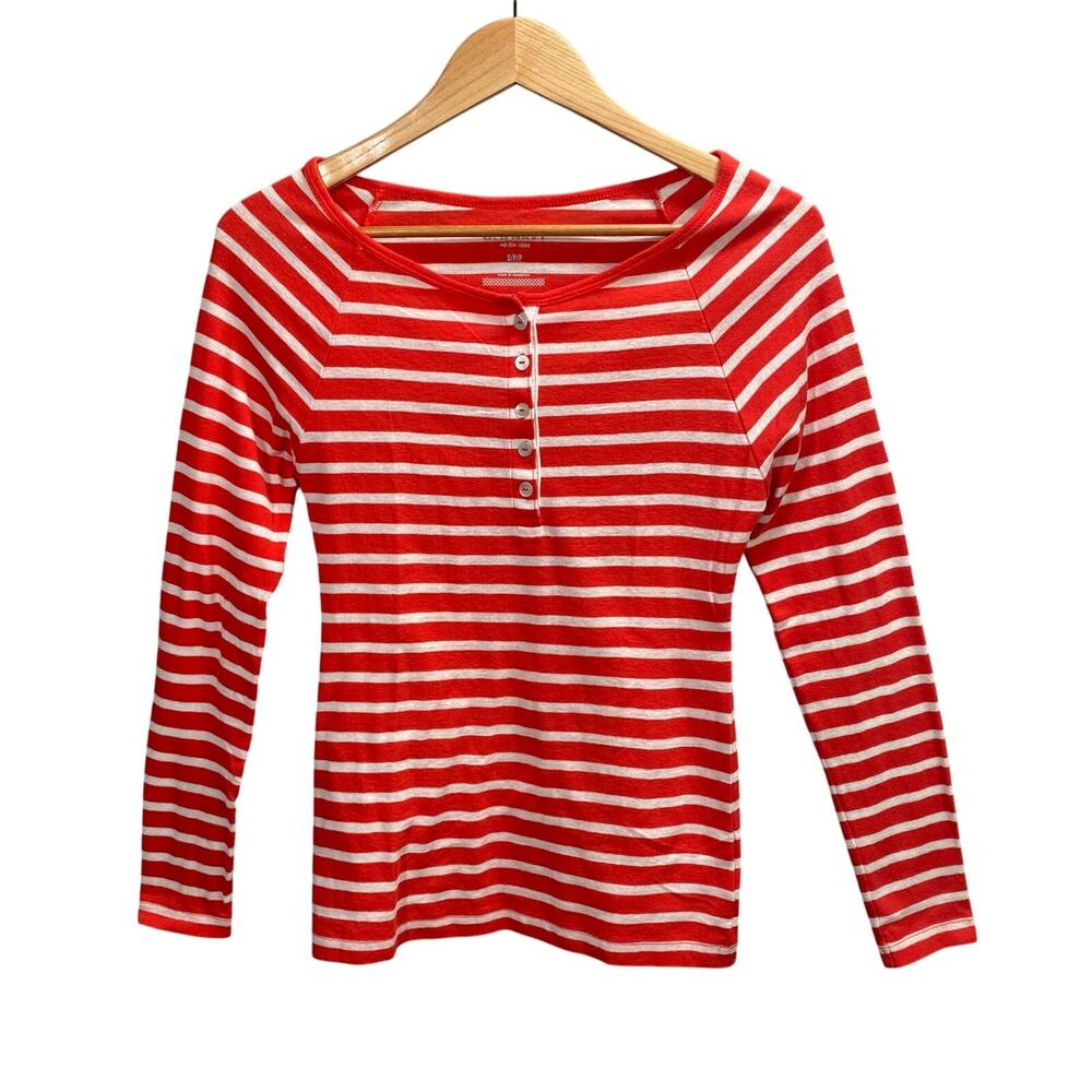 Y2k Henley Top Small Red White Striped Long Sleeve Button Up Preppy‎ Casual